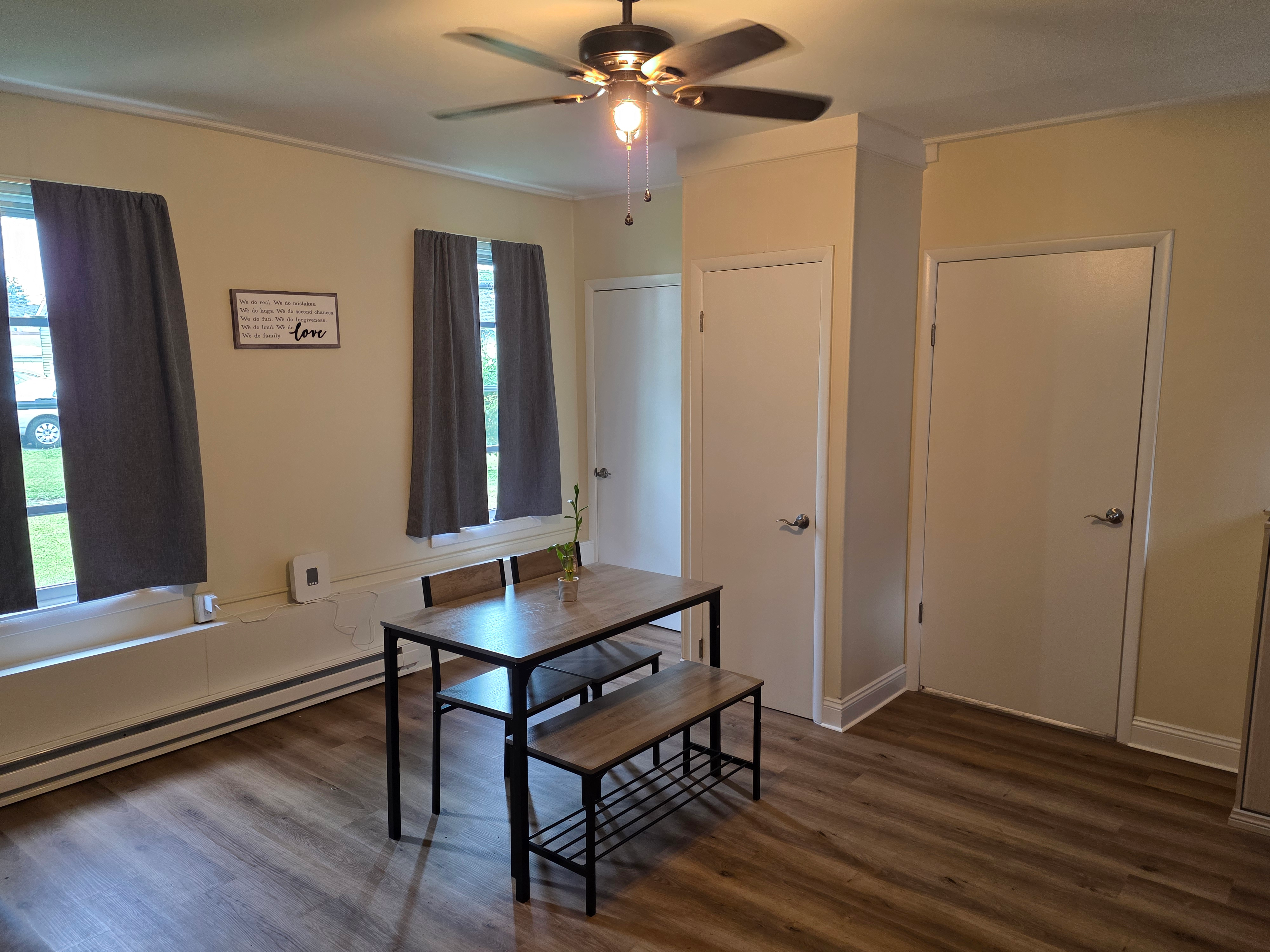 Dining area with wood-look flooring