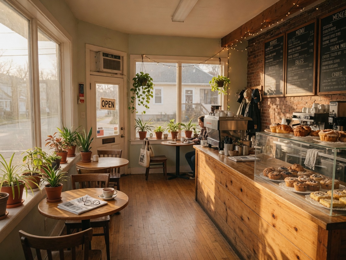 A small coffee shop with warm morning light and a pastry case.