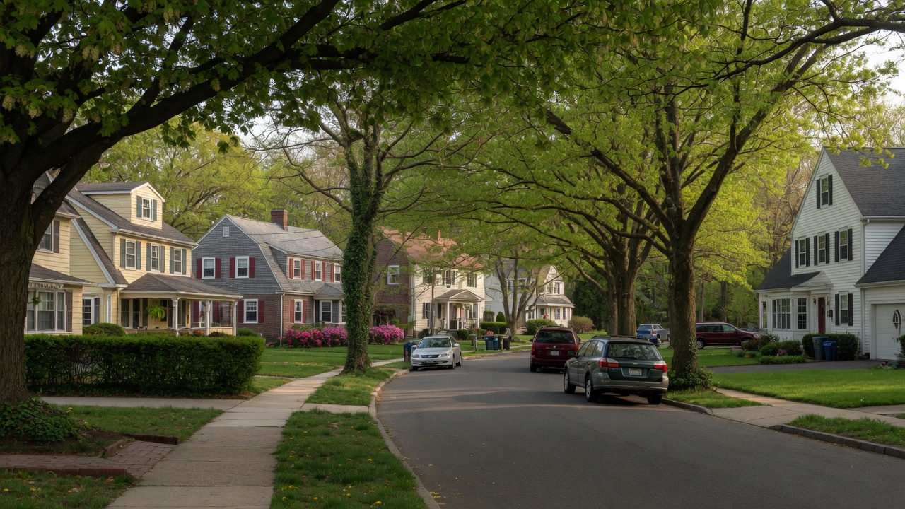 A tree-lined residential street in Teaneck, NJ with mature oaks and well-kept homes.