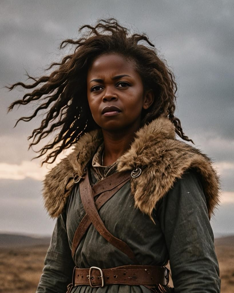 Daytoni as a warrior figure in rustic attire with fur details against a stormy sky