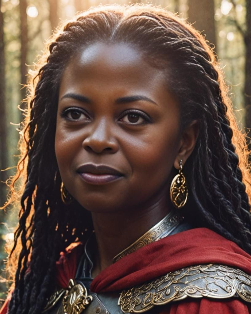 Daytoni in red and gold ornate attire with a sunlit forest background