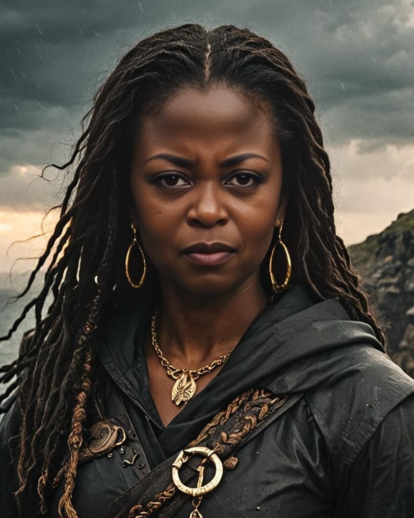Daytoni in a dark hooded garment with gold jewelry against a dramatic landscape