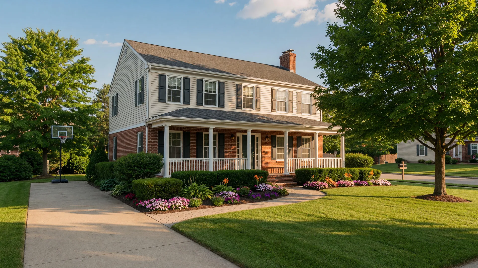 Two-story colonial home in a Northeast Ohio suburb with green grass, full summer trees, blue sky, and excellent curb appeal