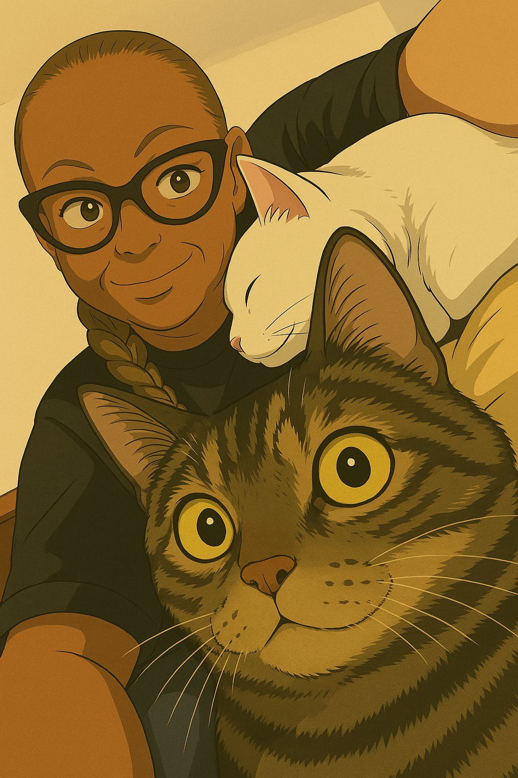Illustrated digital portrait of Toni Patillo with two cats in a warm, personable style