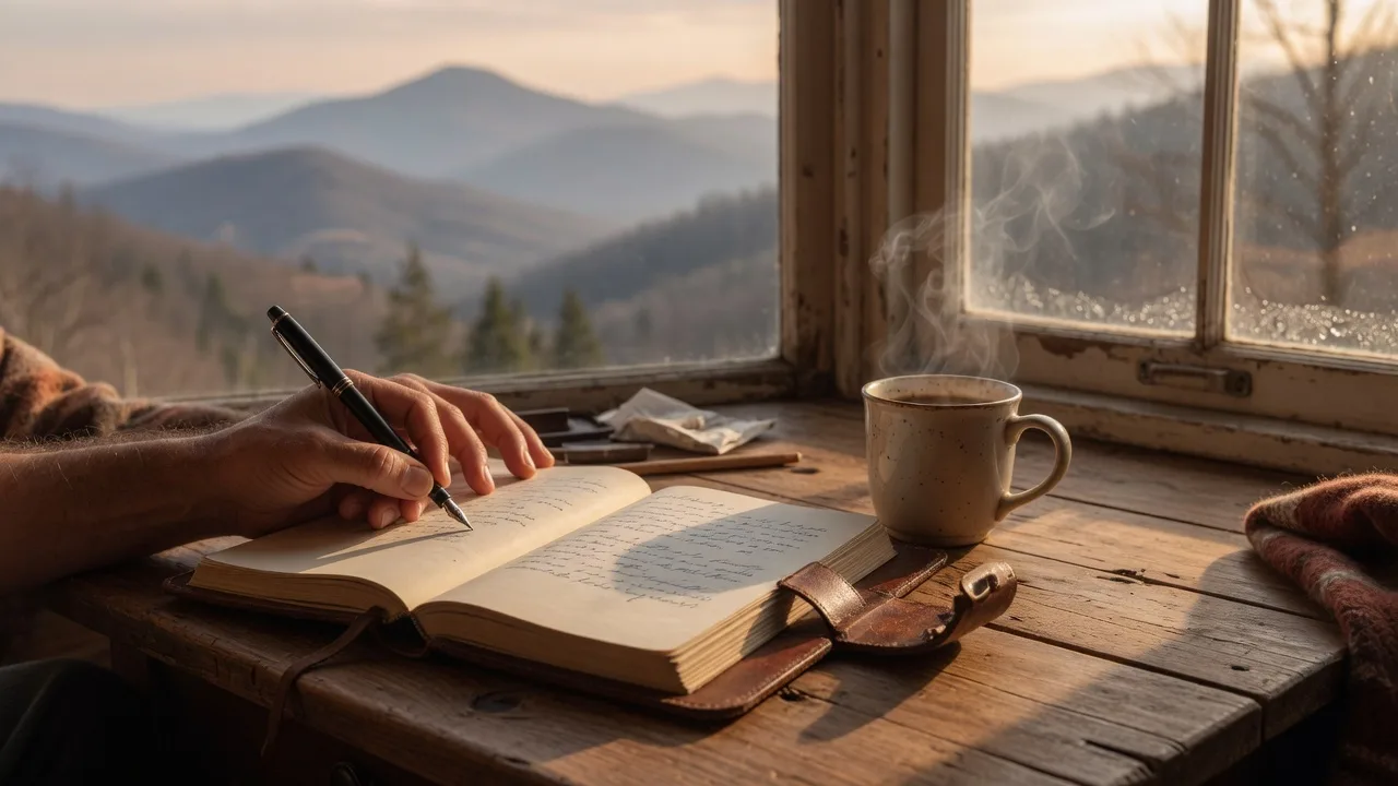 Morning journal and coffee on a rustic wooden desk with soft mountain light
