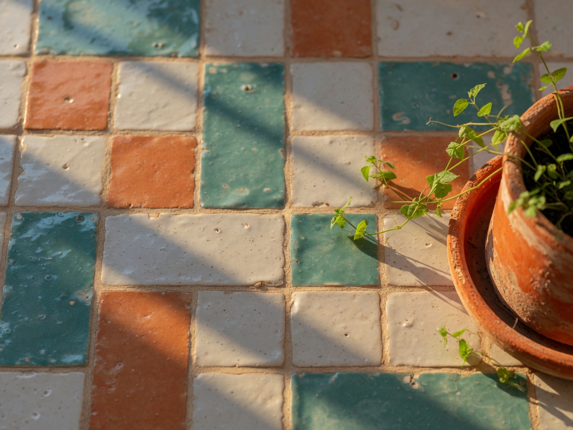 Close-up of hand-glazed ceramic tiles in warm tones