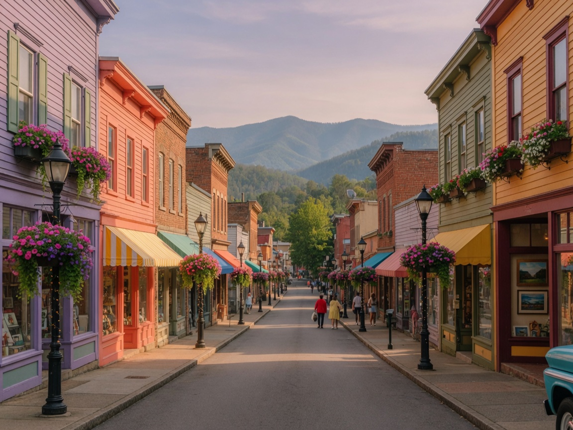 Mountain town commercial district in the Smoky Mountains area