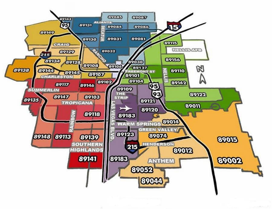 Las Vegas valley ZIP code map showing neighborhoods and boundaries including Summerlin, Henderson, The Lakes, Rhodes Ranch, and The Strip corridor