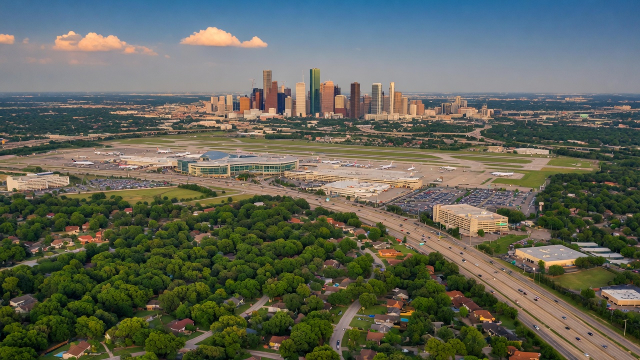 Houston Texas skyline with green tree canopy and neighborhoods