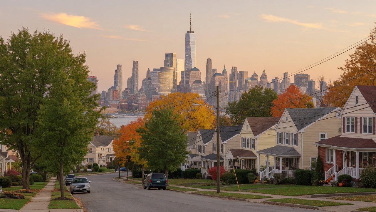 Chicago skyline seen from a residential neighborhood in autumn