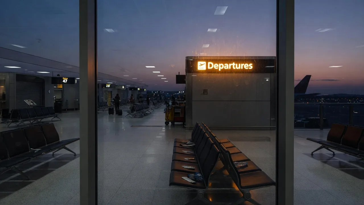 An empty airport terminal at twilight with cool blue lighting and a few distant gates visible