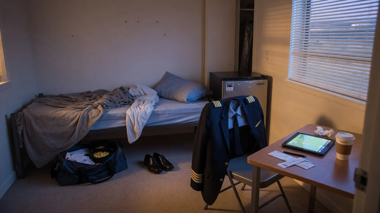 A quiet crew crash pad near an airport with early morning light filtering through blinds, a pilot jacket on a chair, and a modest bunk bed