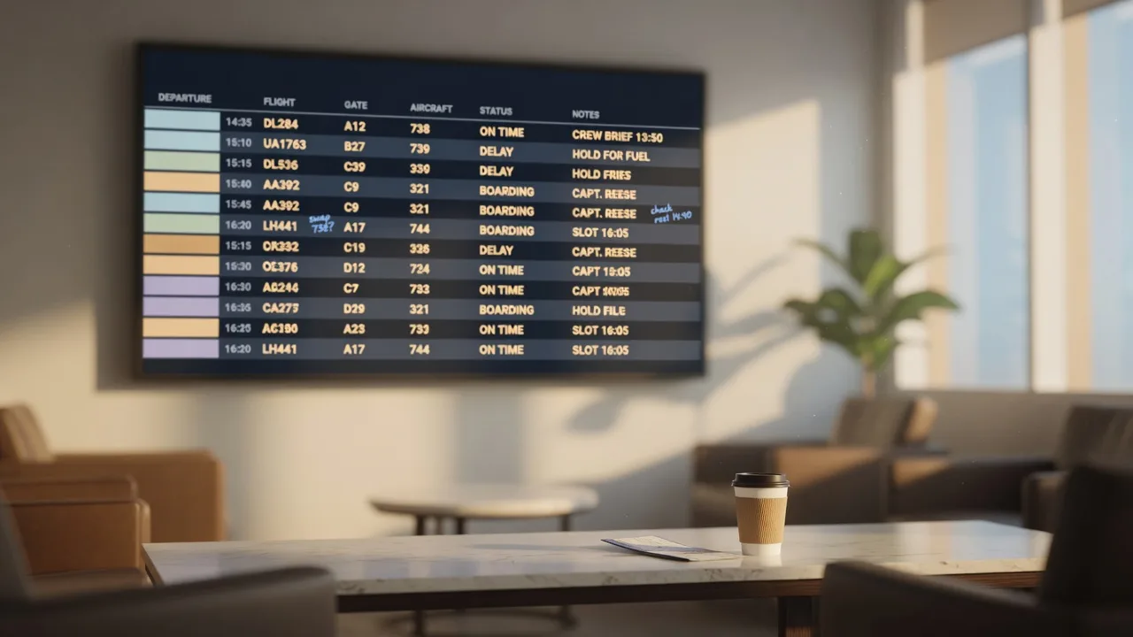 An airport departure board visible through a lounge window, with warm ambient lighting creating a strategic atmosphere