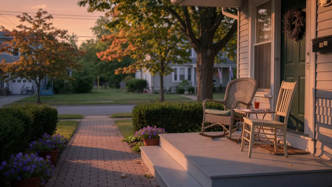 A quiet suburban front porch at golden hour with two empty chairs, suggesting the moment before someone arrives home
