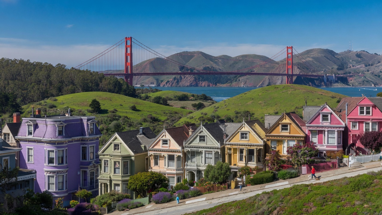 San Francisco Bay Area with Golden Gate Bridge and colorful homes