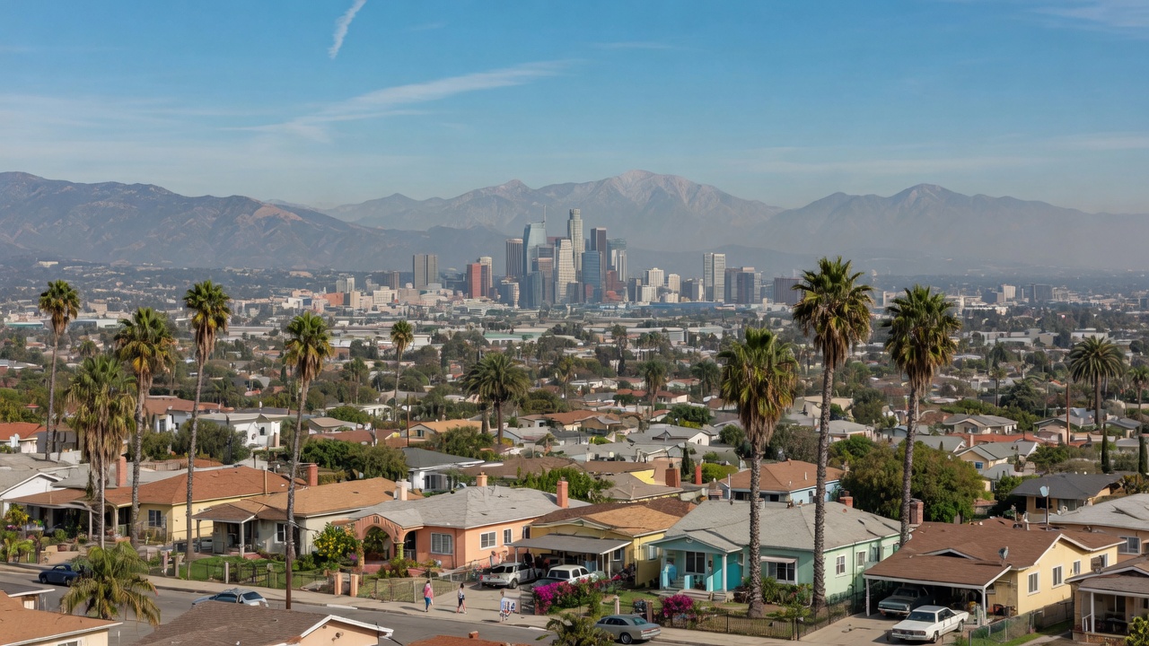 Los Angeles basin with palm trees and distant downtown skyline