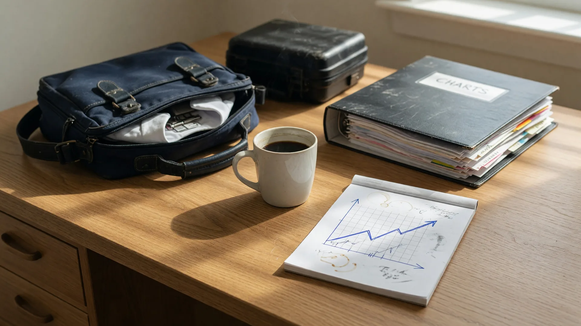 A pilot's travel gear and flight bag on a desk next to a notepad with a hand-drawn graph, morning light streaming through a window