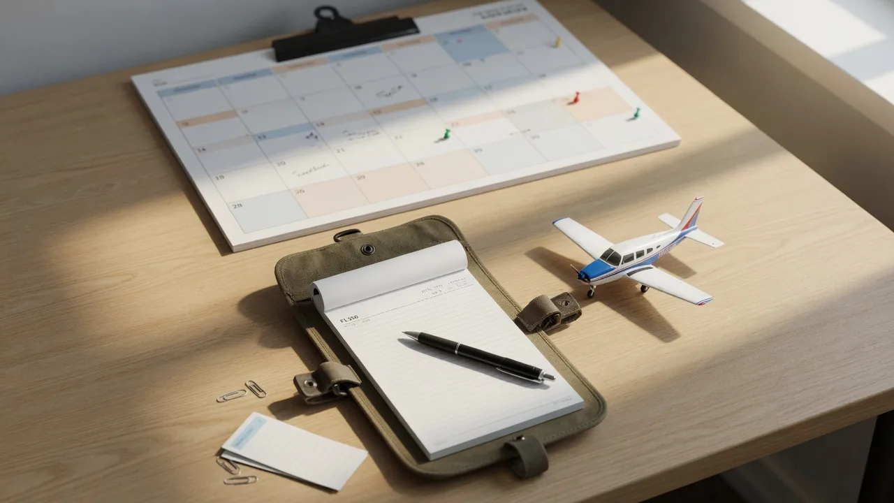 A planning workspace with a calendar, notepad, and pen arranged on a clean desk surface