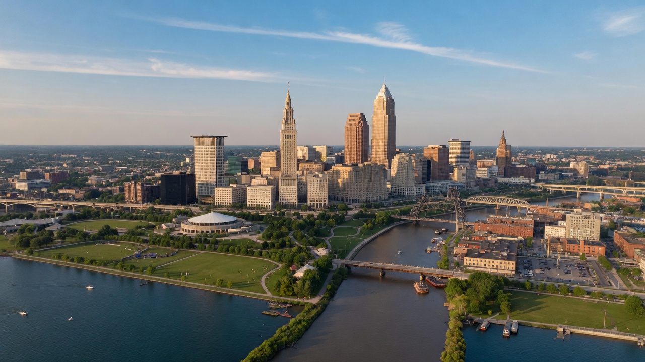 Cleveland skyline along the Lake Erie shore with downtown towers