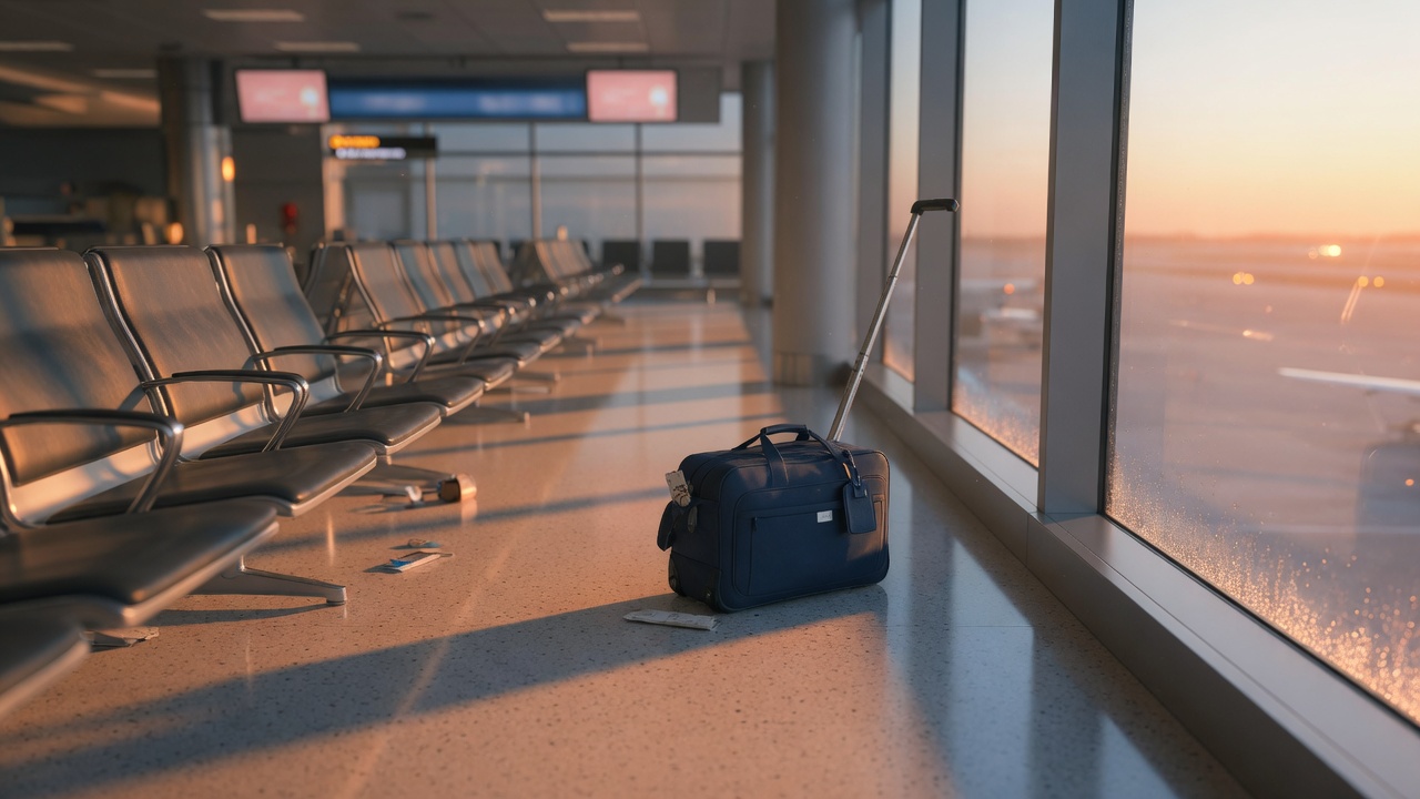 An empty airport gate at dawn with warm golden light streaming through the windows, a single carry-on bag nearby