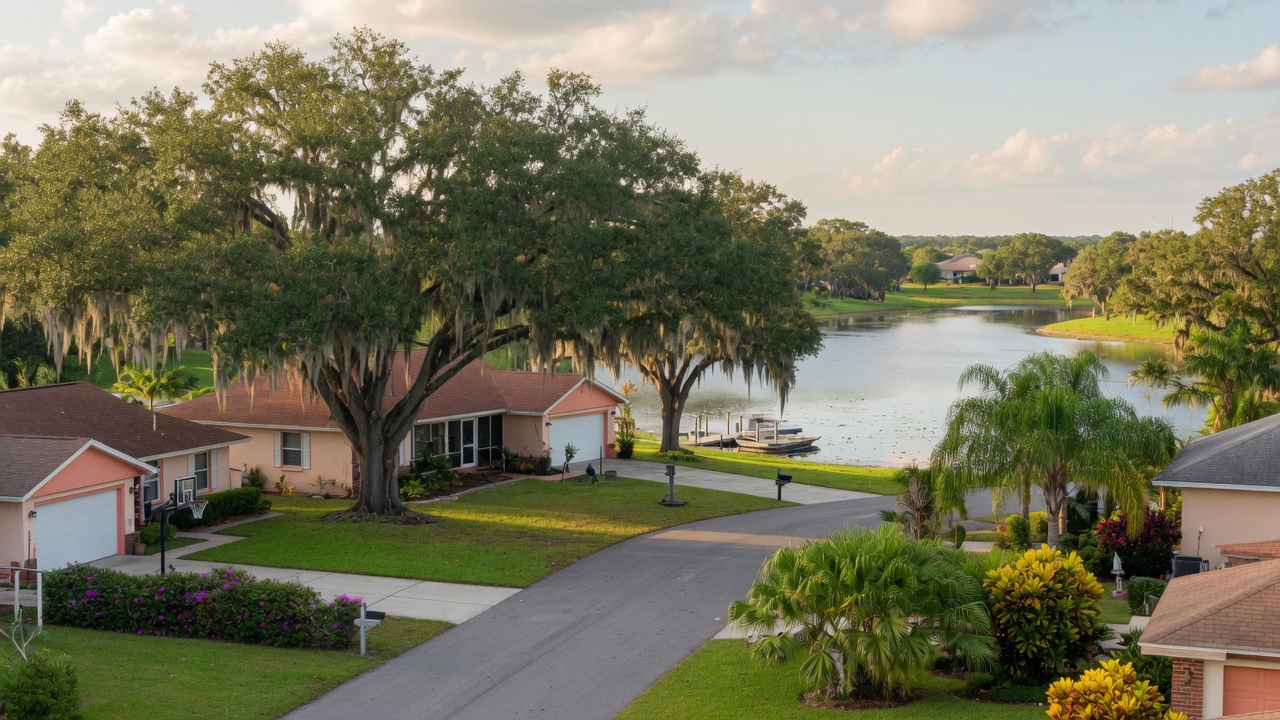 Orlando Florida suburban neighborhood with oak trees and a lake