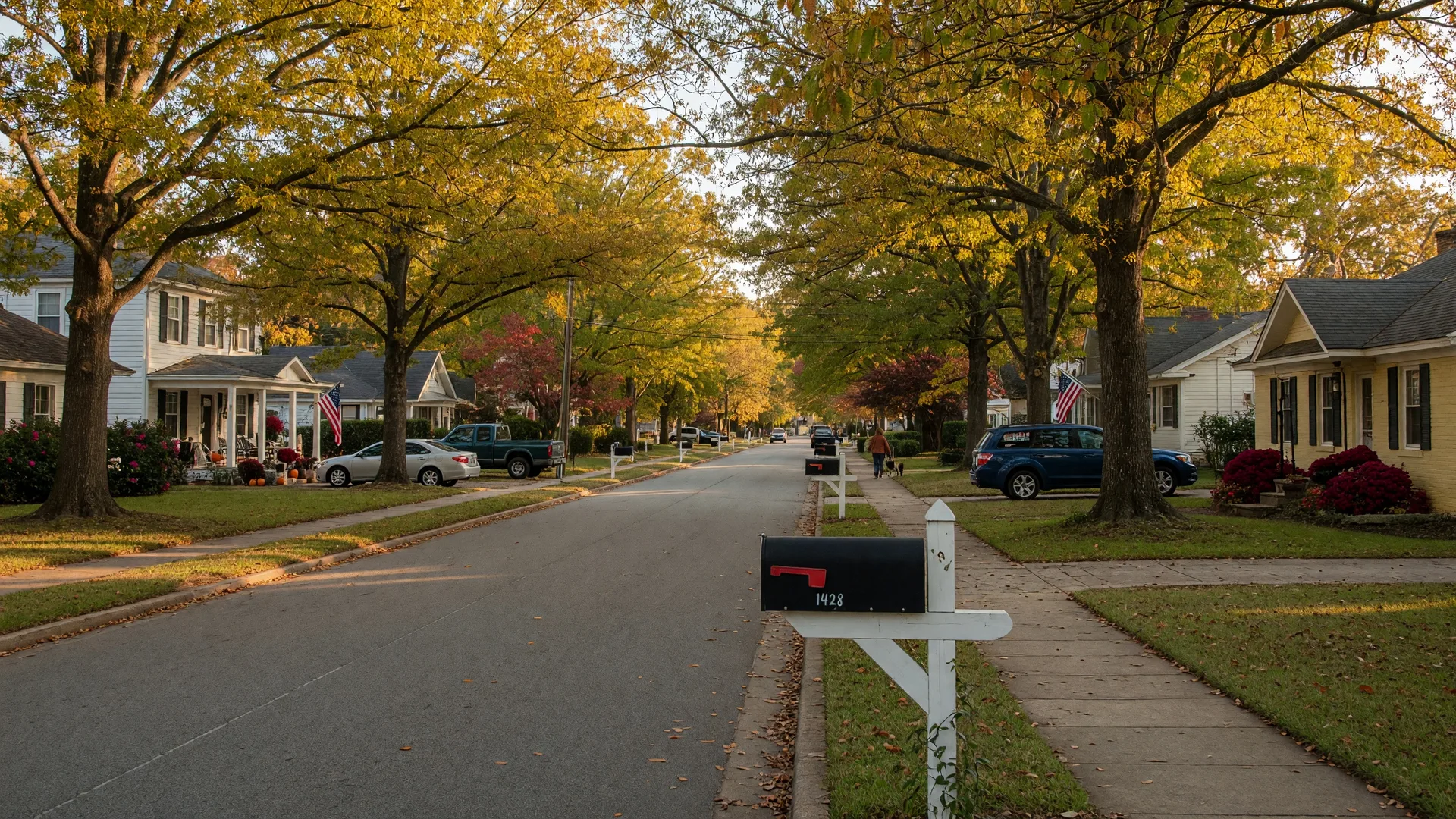 Tree-lined residential street in Lexington, South Carolina with mature hardwoods and well-maintained homes