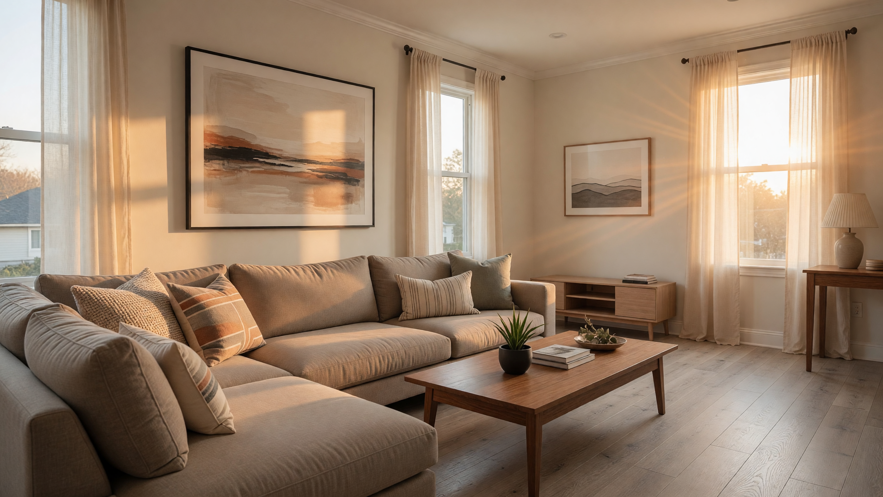 Beautifully staged living room with warm natural light, neutral tones, and modern furnishings ready for an open house