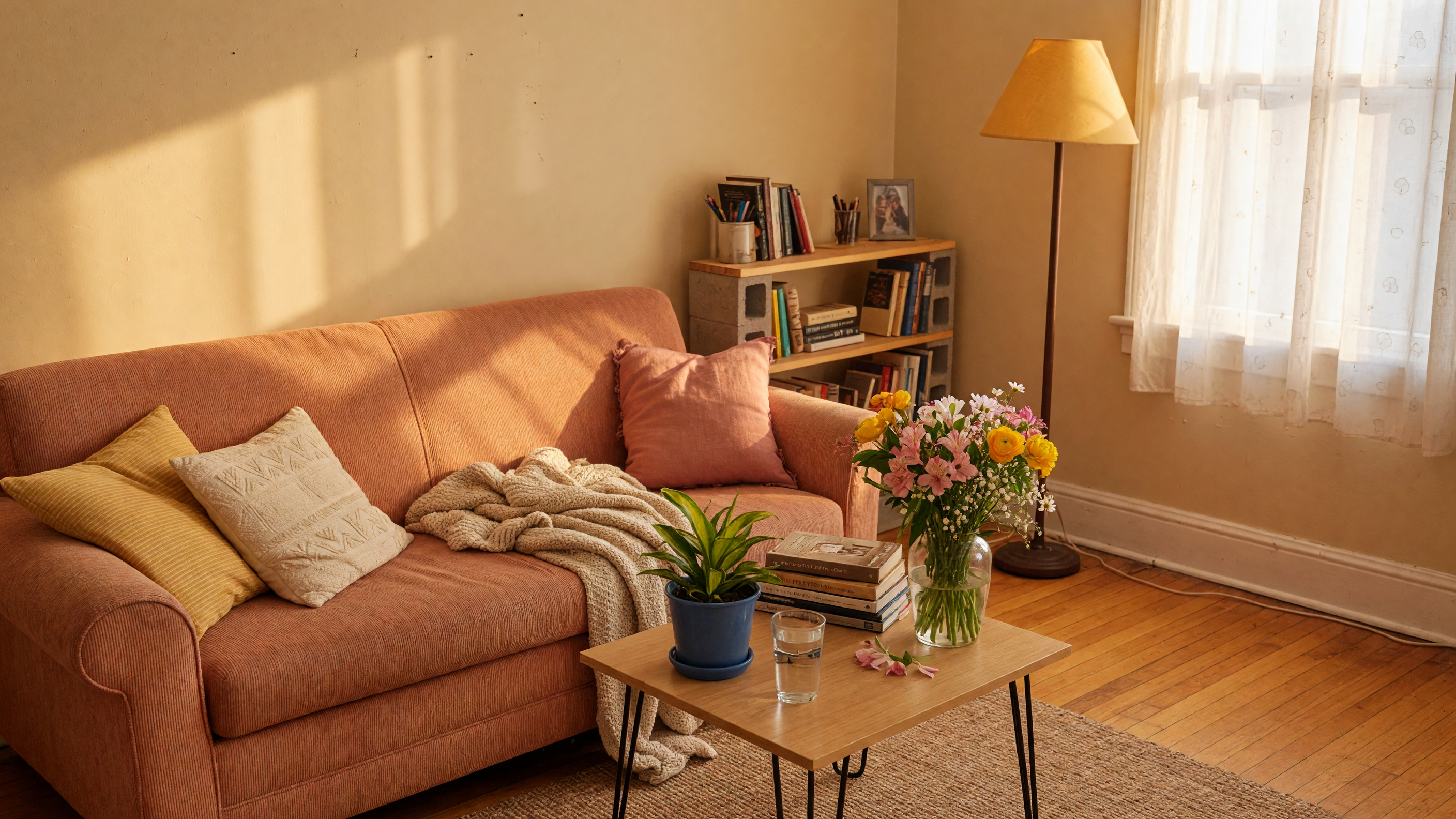 Sunlit living room of a warm, welcoming starter home with natural light through sheer curtains