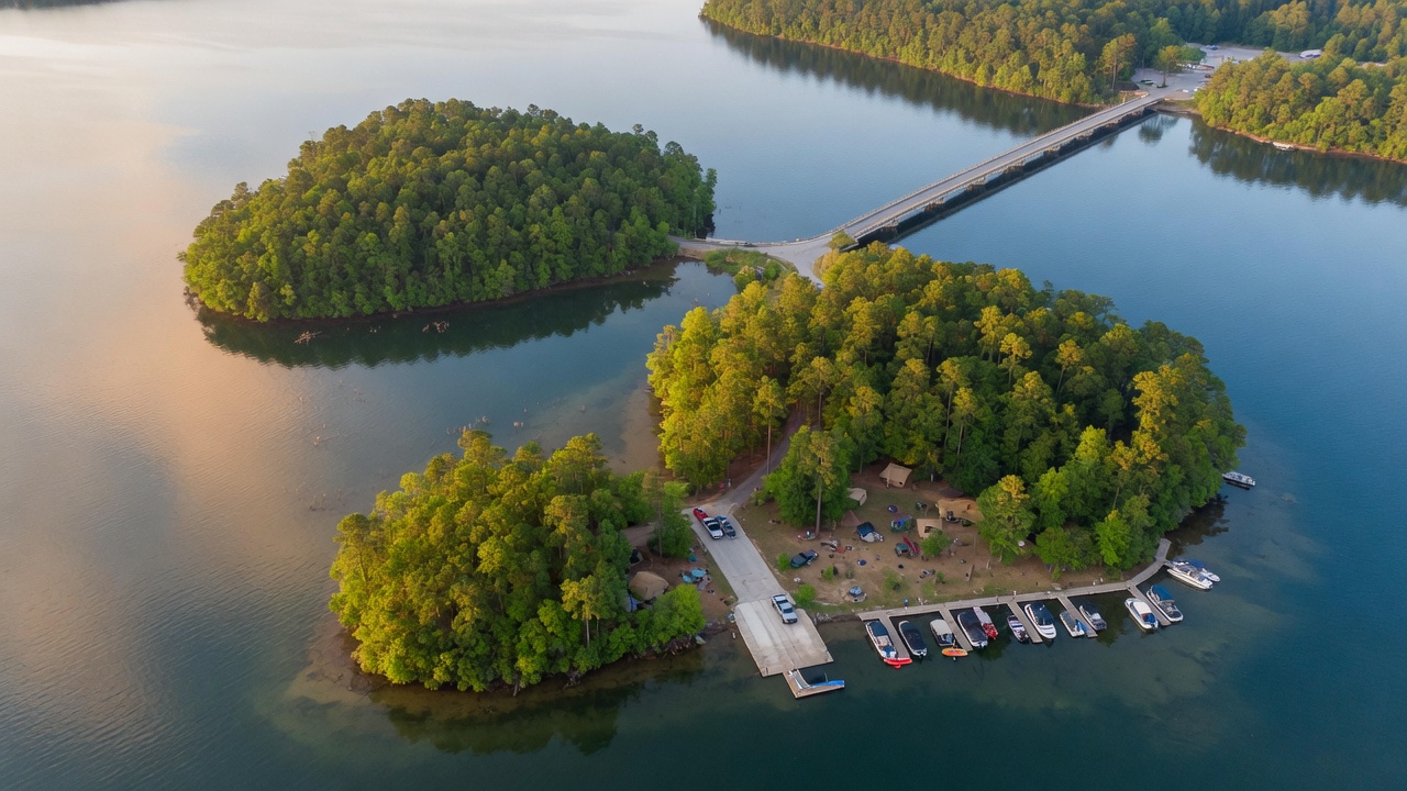 Aerial view of Dreher Island State Park on Lake Murray with three islands connected by bridges and surrounded by calm water