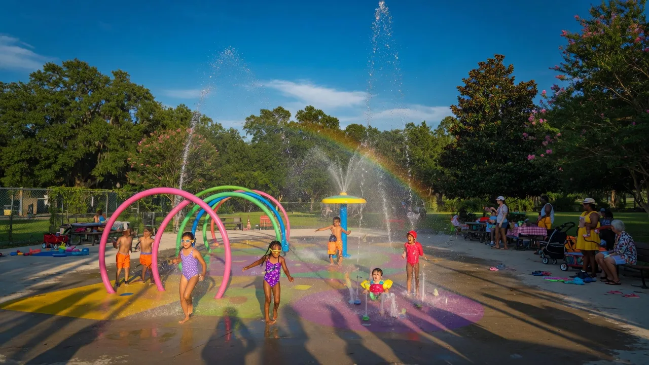 Children playing in a public splash pad on a bright summer day with water jets spraying