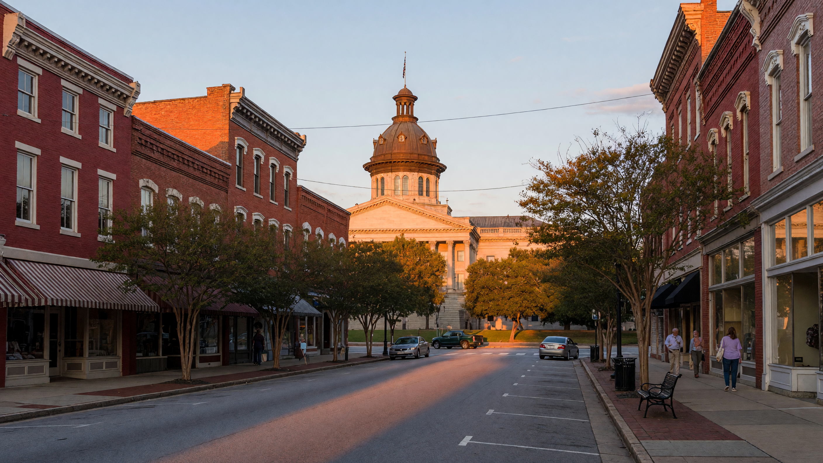 Aerial view of downtown Columbia, South Carolina with historic buildings and tree canopy