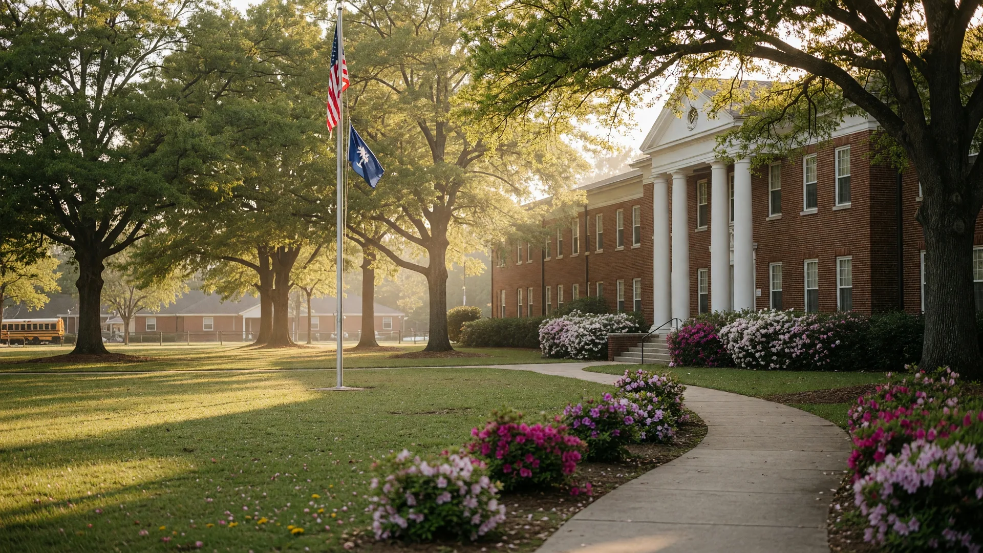 School campus in suburban South Carolina with brick buildings and oak trees