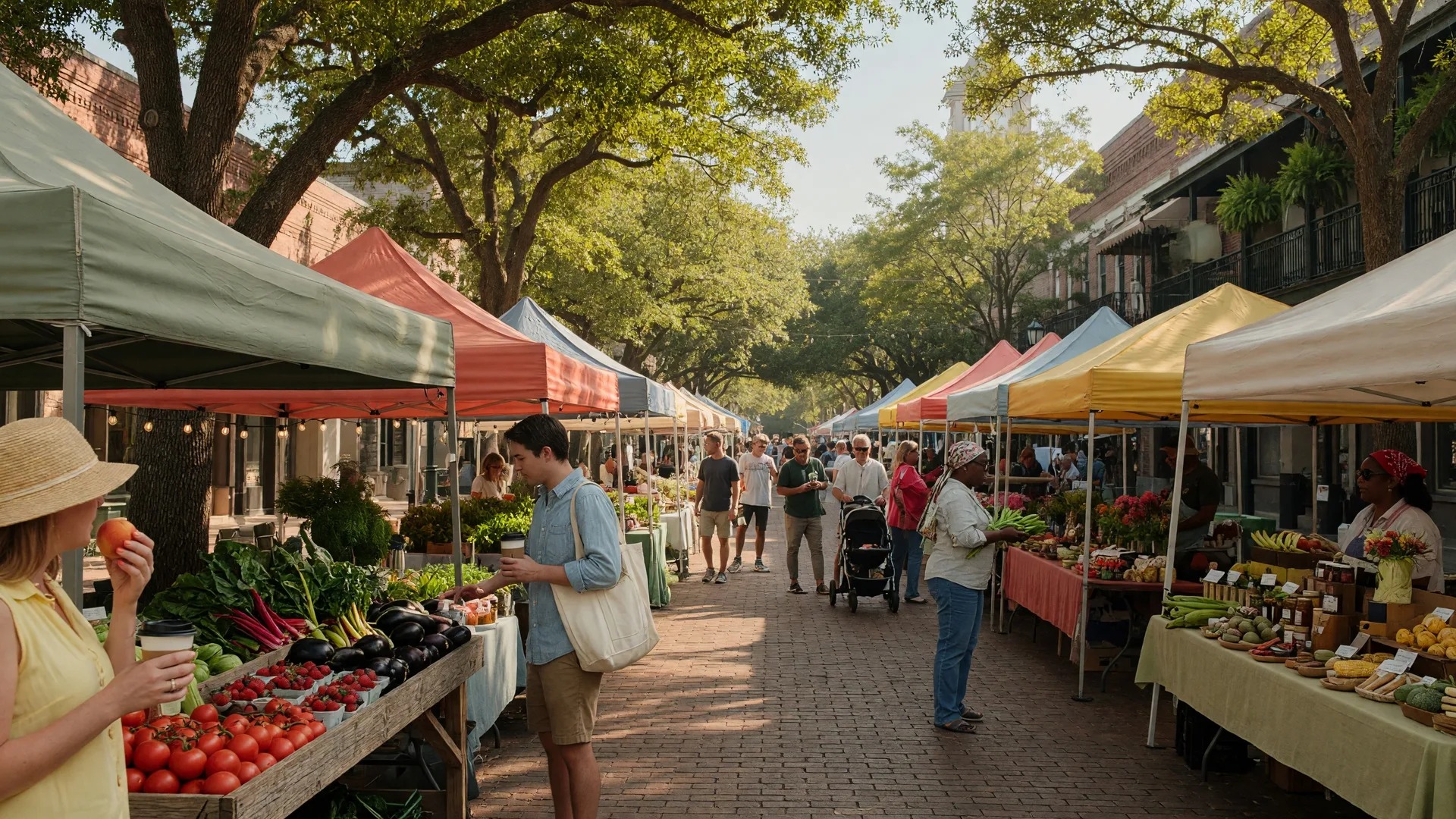 Saturday morning at an open-air farmers market on a historic main street in the Columbia SC Midlands