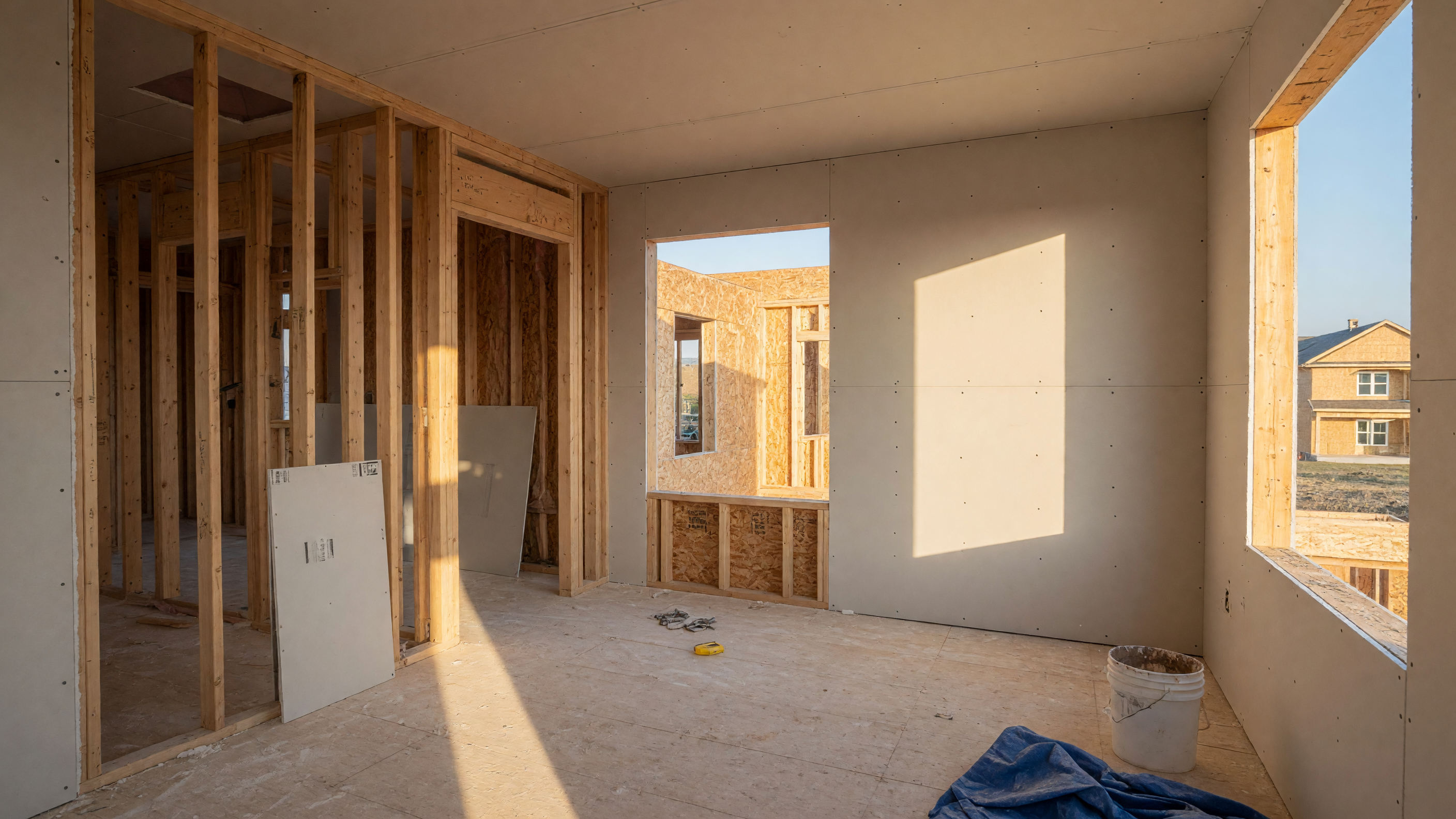 Bright interior of a newly constructed home with exposed framing and natural light streaming through large window openings