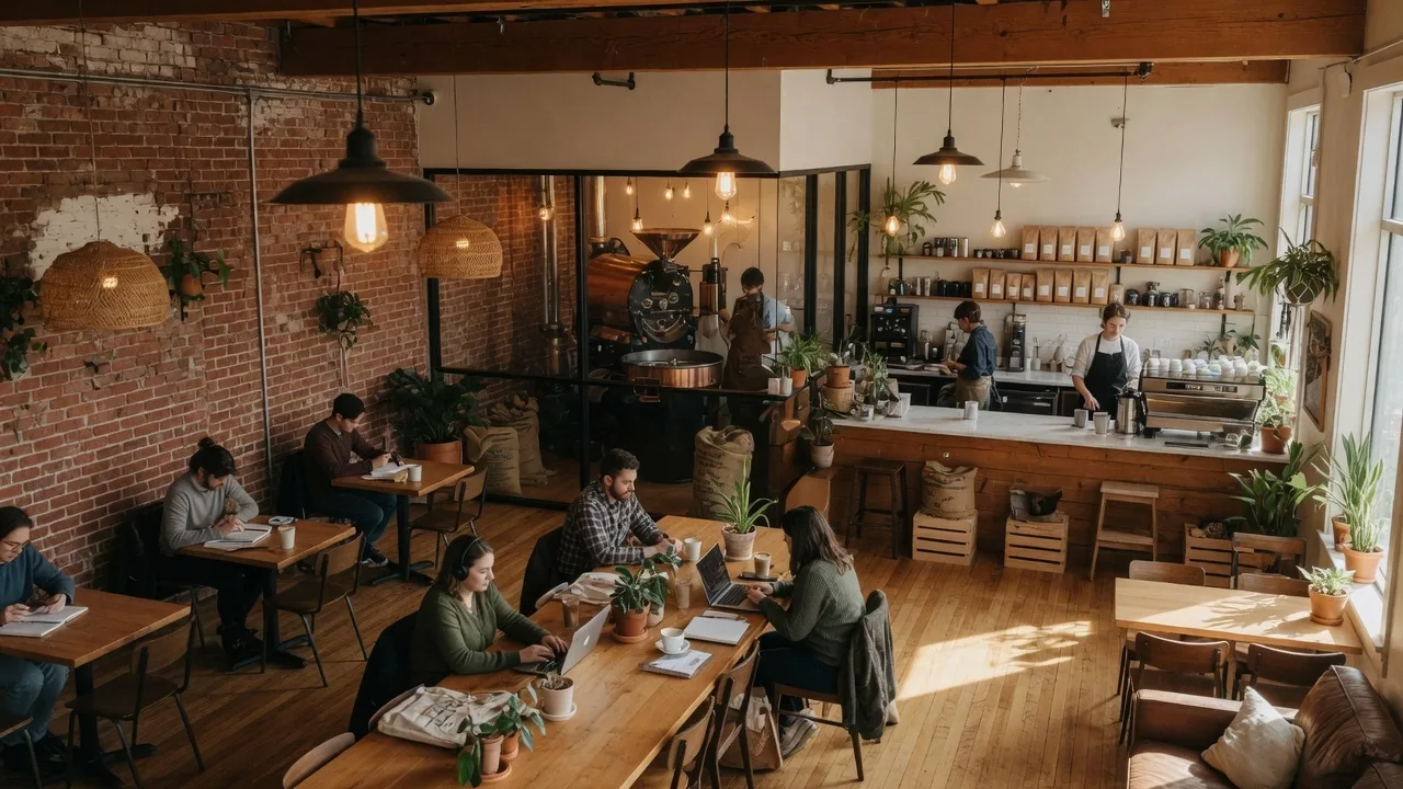 Interior of Loveland Coffee in Irmo, SC — a spacious café with warm lighting and wooden tables