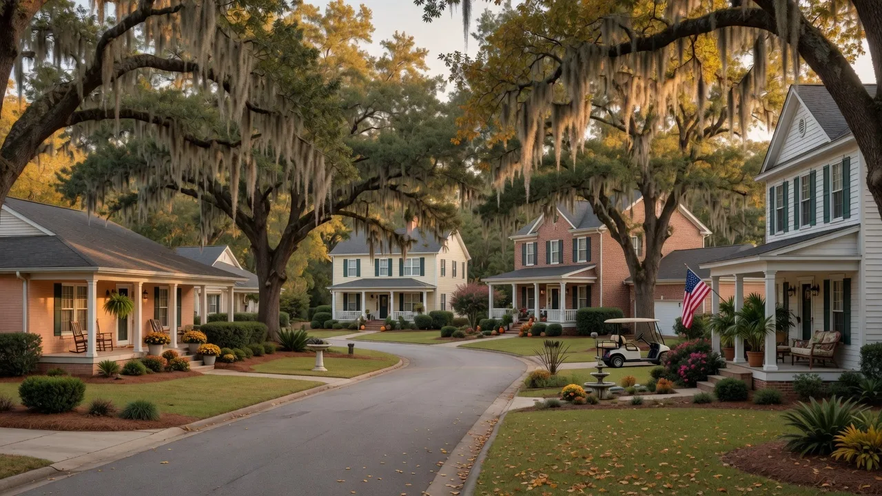 Quiet tree-lined suburban street in a South Carolina neighborhood with mature oaks