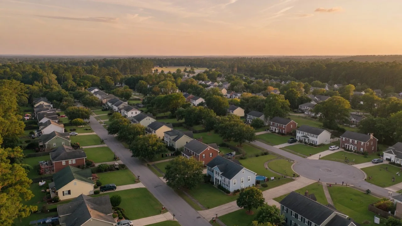 Tree-lined suburban neighborhood in the Columbia SC Midlands with mature oaks and well-kept homes