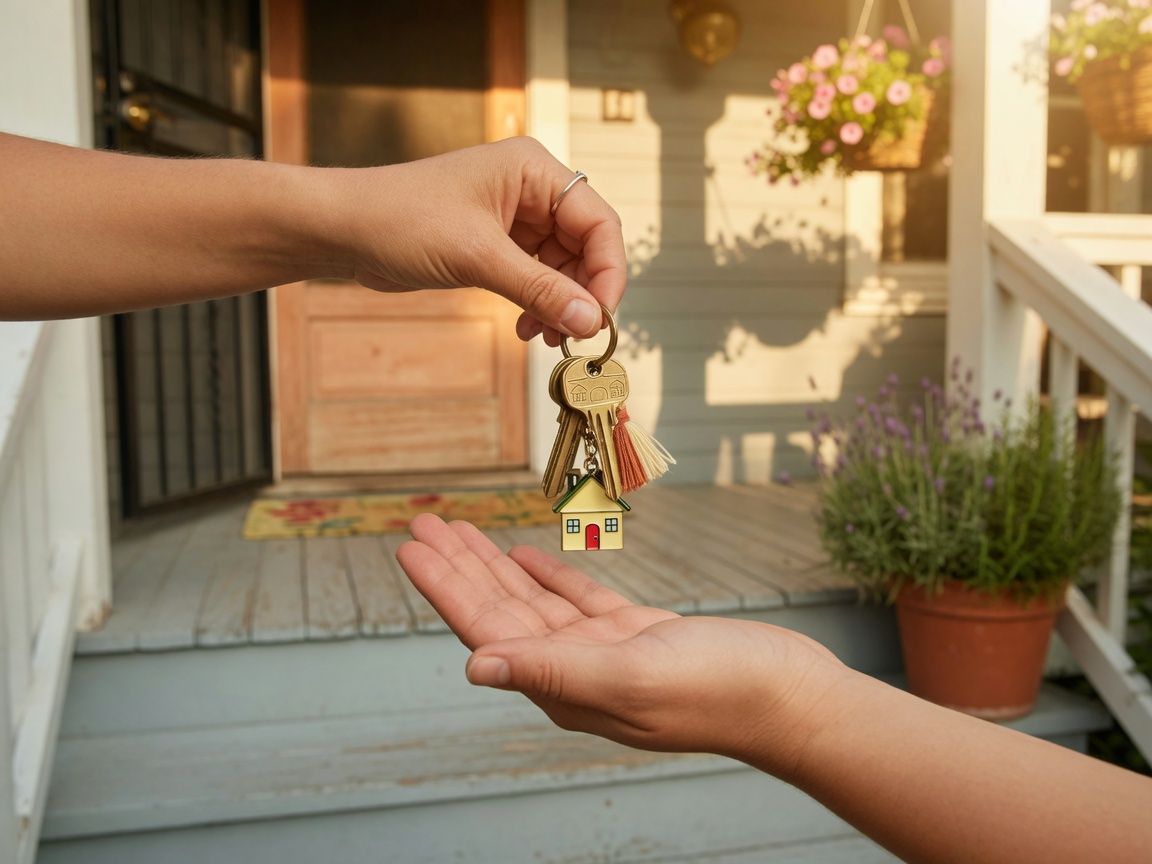 A set of house keys being handed over on a sunlit porch — the moment a first-time buyer gets the keys to their new home