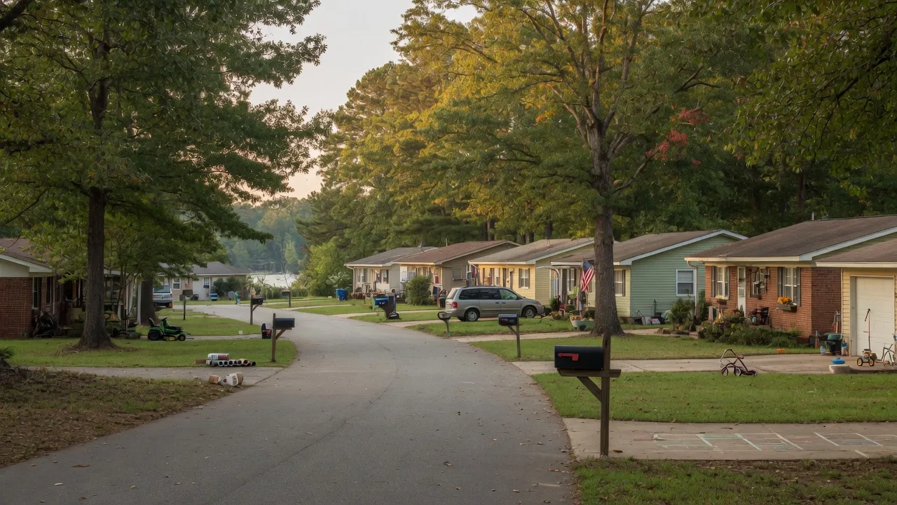 Tree-lined suburban street in Irmo, South Carolina with mature oaks and well-kept homes