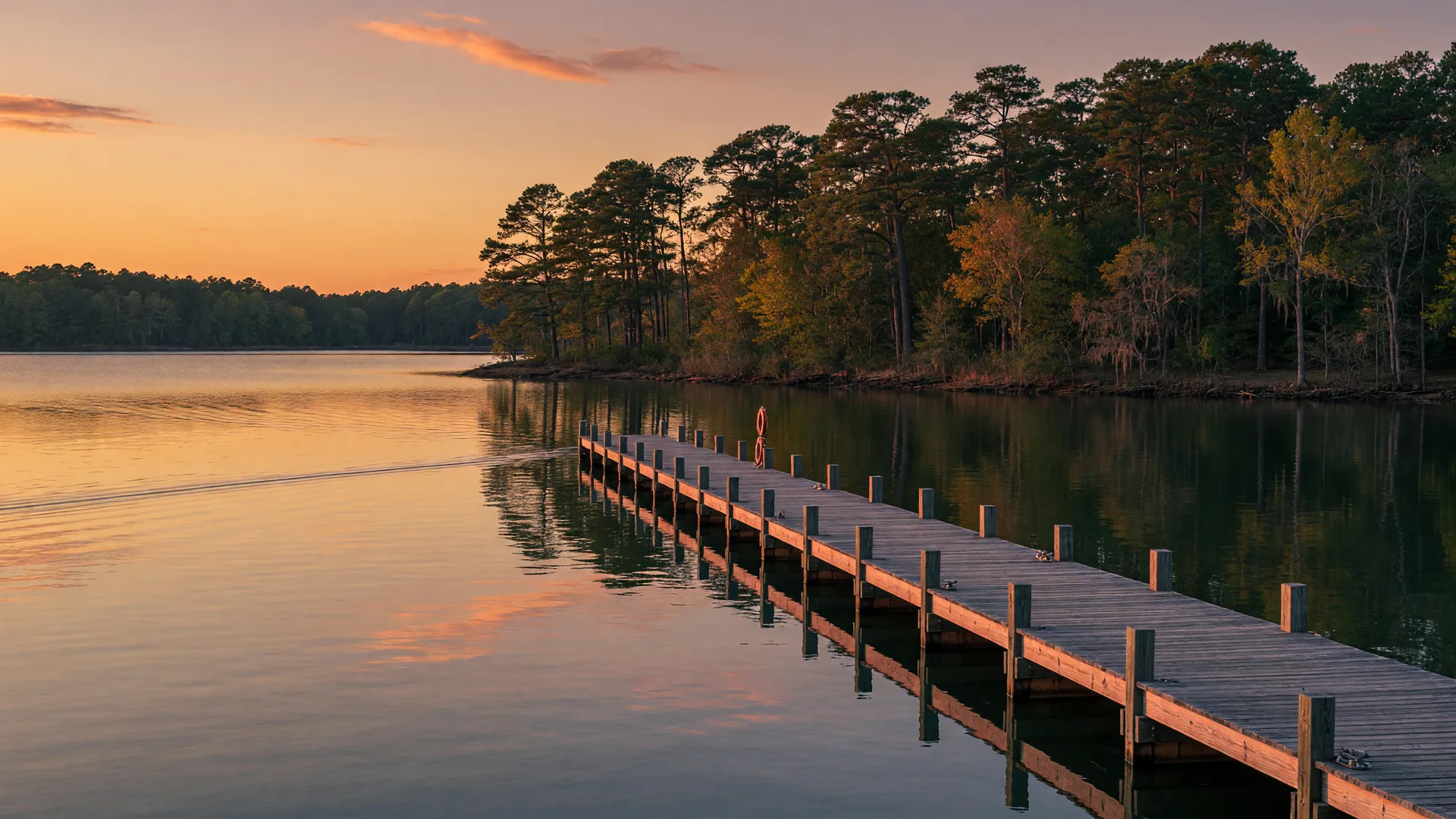 Wooden dock extending into calm water on Lake Murray at golden hour