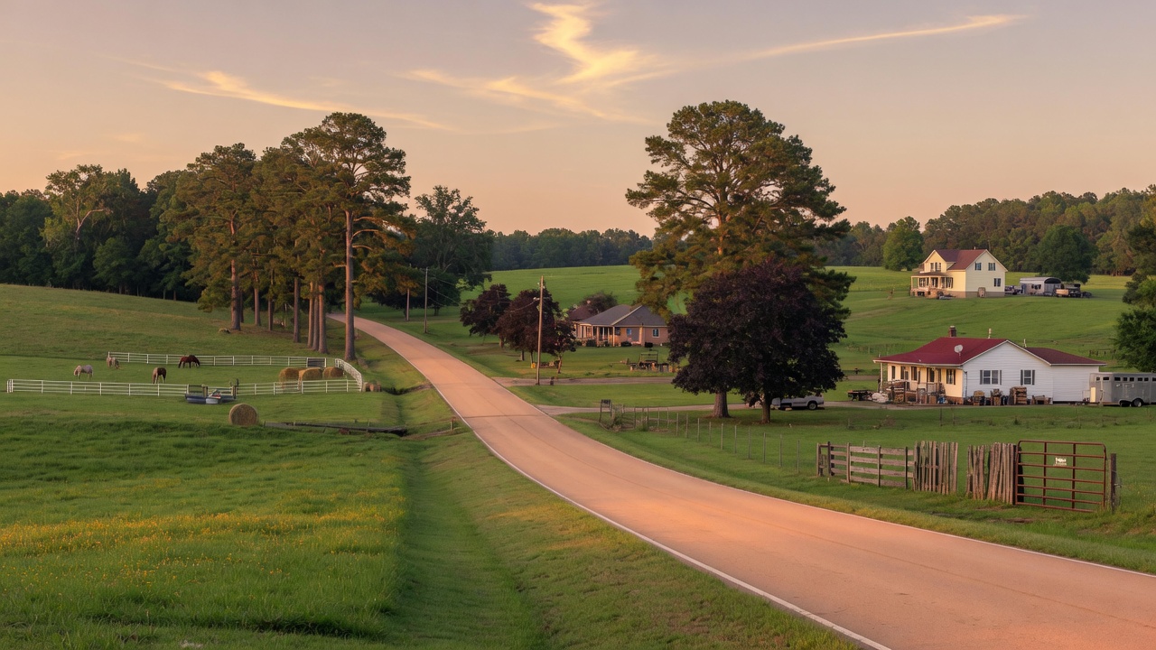 Rolling farmland and rural landscape in Prosperity, South Carolina near Lake Murray