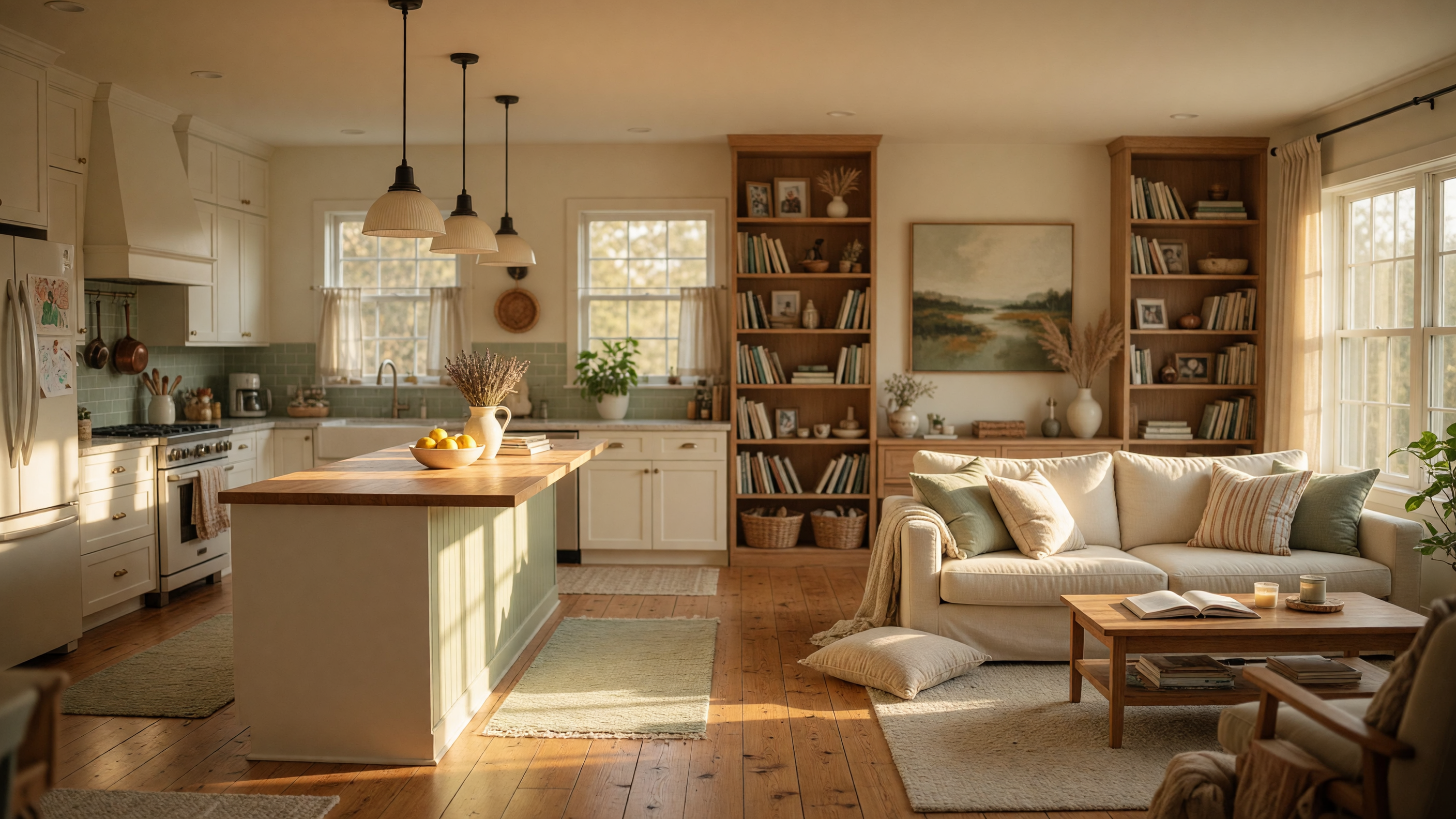 Warm, sunlit open-concept kitchen and living room in a family home with hardwood floors and natural light