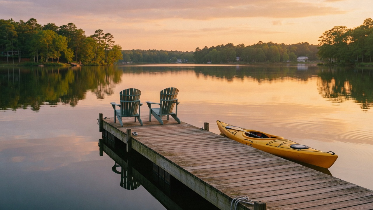 Sweeping aerial view of Lake Murray, South Carolina at sunset with wooded shoreline and calm golden water stretching to the horizon
