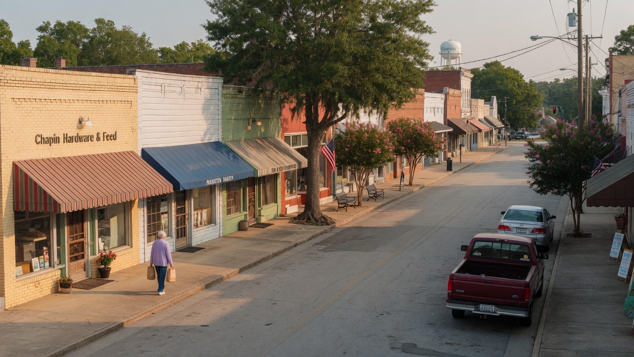 Small-town storefronts in Chapin, South Carolina near Lake Murray
