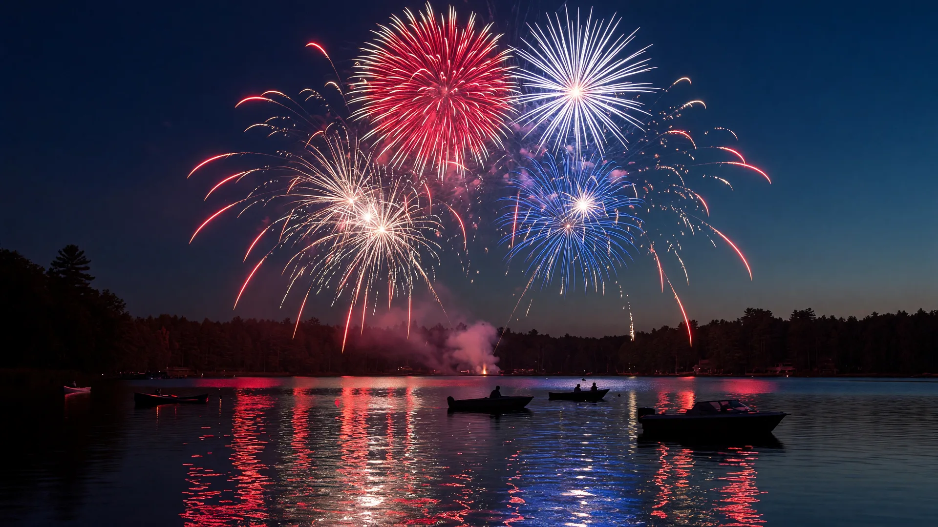 Colorful fireworks reflected over a calm lake at night during a Fourth of July celebration