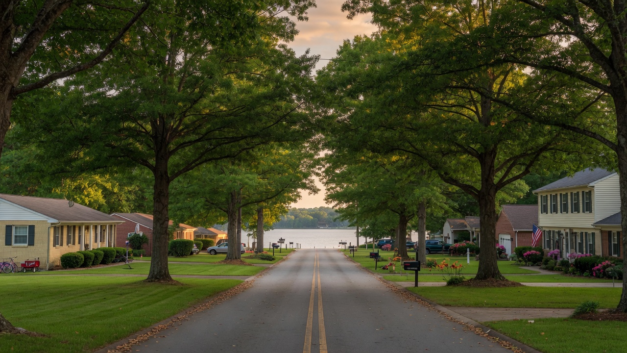 Tree-lined suburban neighborhood in Irmo, South Carolina near the shores of Lake Murray