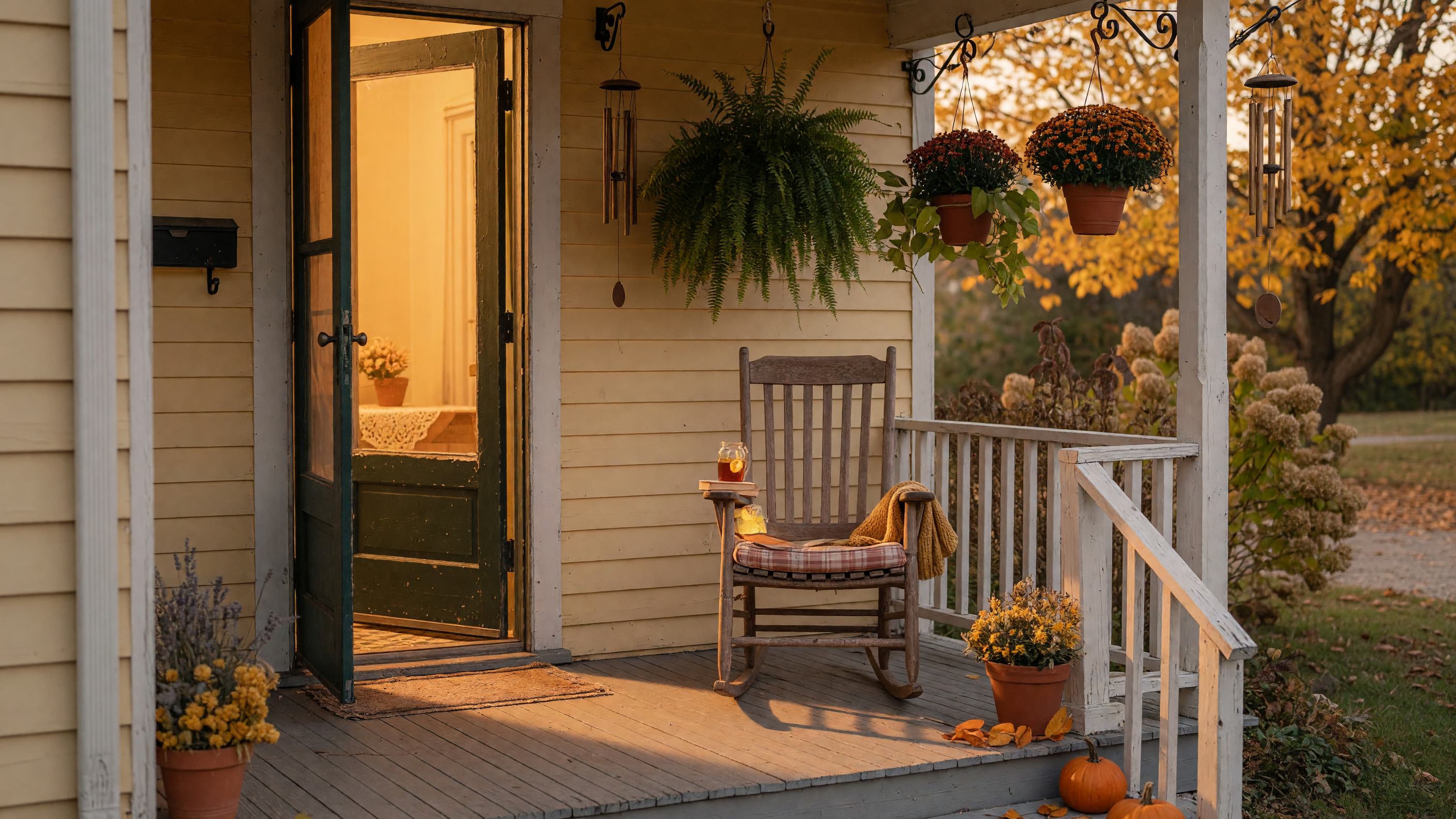 Warm golden-hour view of a cozy front porch on a smaller-scale home with rocking chairs and hanging plants