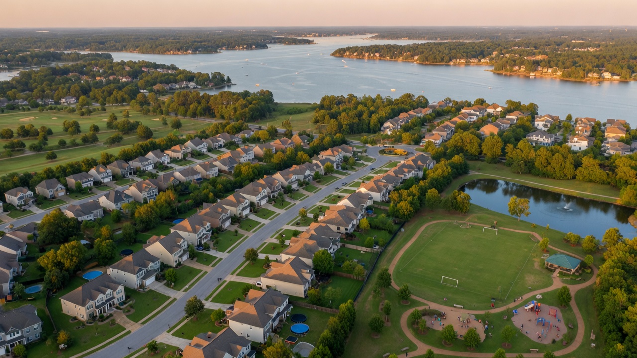 Aerial view of neighborhoods in Lexington, South Carolina with Lake Murray visible in the background