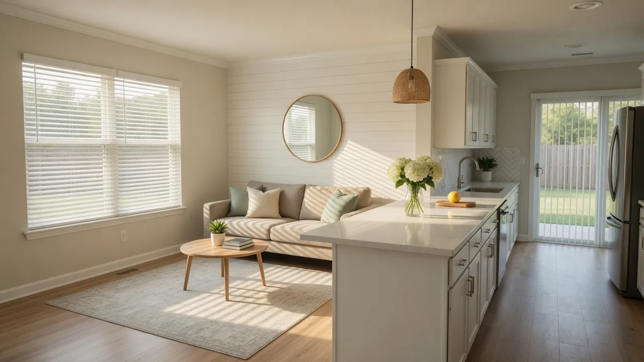 Bright, clean living room with sunlight streaming through open blinds in a suburban Midlands home