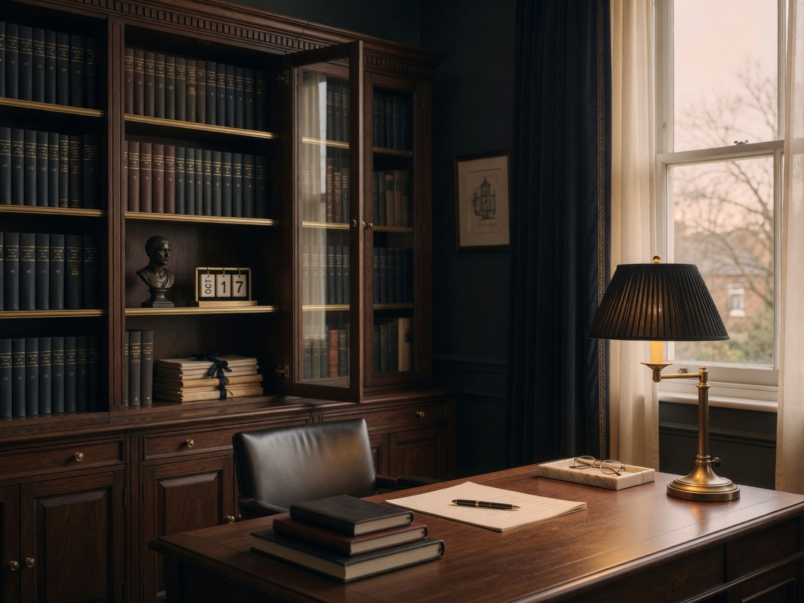Refined executive study with dark walnut bookshelves and warm brass accents